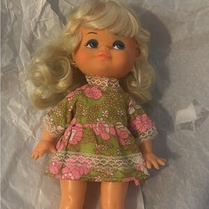 70s vintage Floral Dress Doll with Blonde Hair